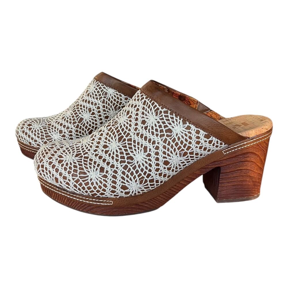 Korks Nora Lozza Heeled Slip On Clog Brown Ivory Crochet Overlay Women's Size 11